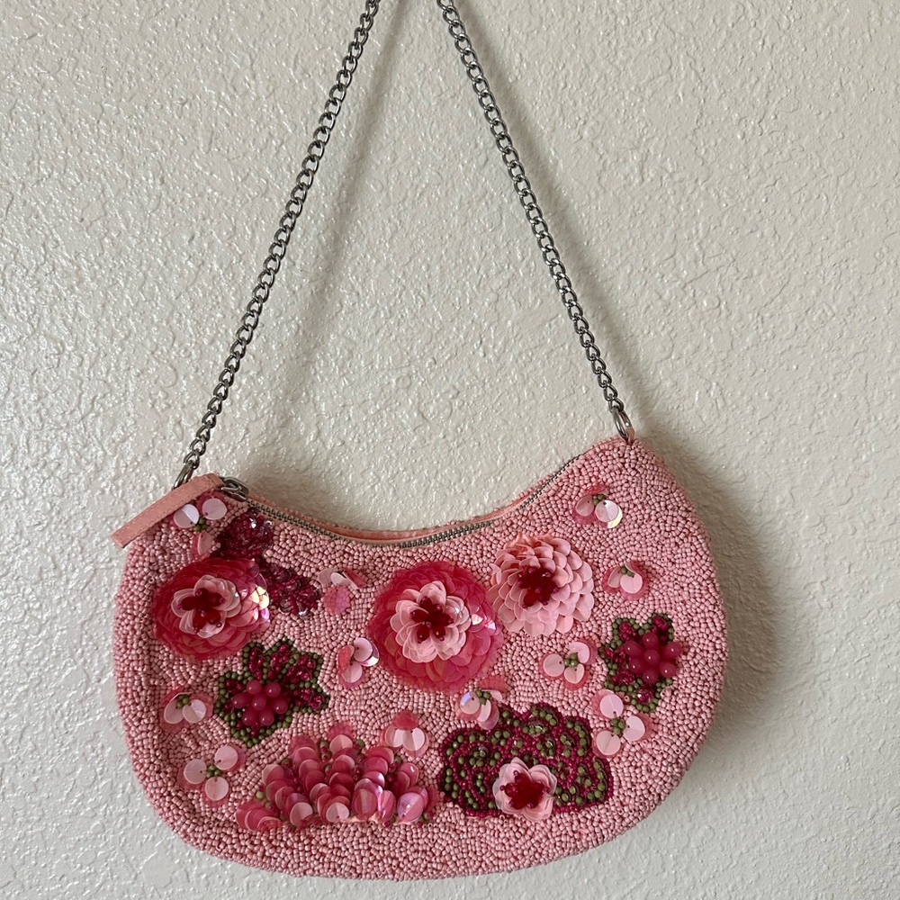 Pink Floral Embellished Beaded Bag